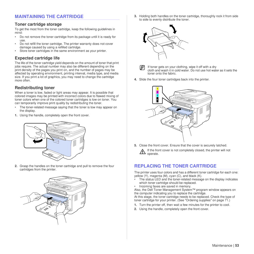 Dell 1235cn Maintaining the Cartridge, Replacing the Toner Cartridge, Toner cartridge storage, Expected cartridge life 