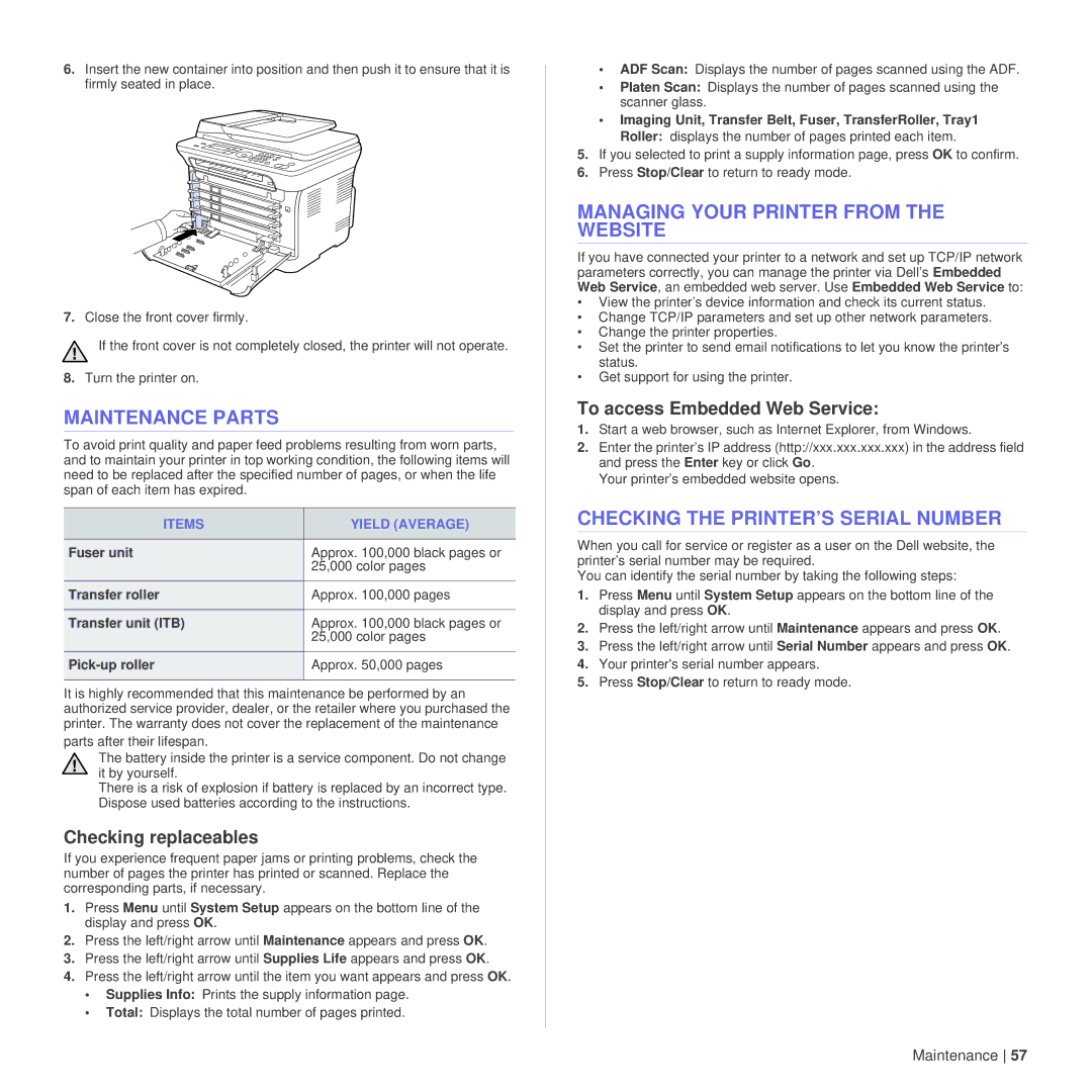 Dell 1235cn manual Maintenance Parts, Managing Your Printer from the Website, Checking the PRINTER’S Serial Number 