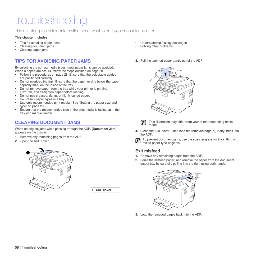 Dell 1235cn manual Troubleshooting, Tips for Avoiding Paper Jams, Clearing Document Jams, Exit misfeed, ADF cover 