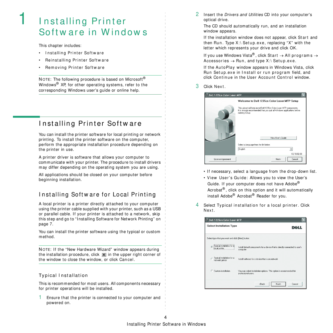 Dell 1235cn manual Installing Printer Software, Installing Software for Local Printing 