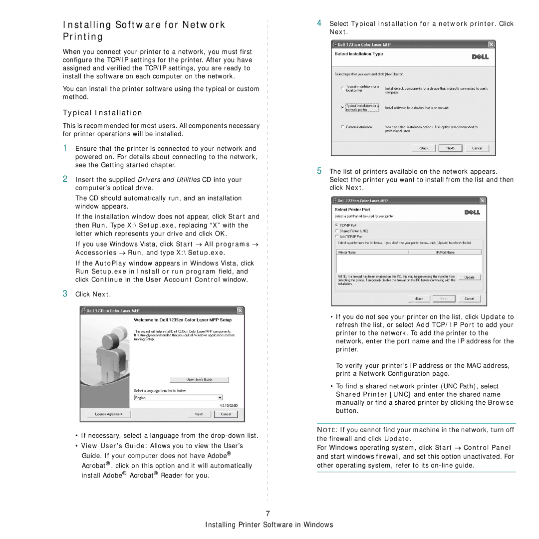 Dell 1235cn manual Installing Software for Network Printing 