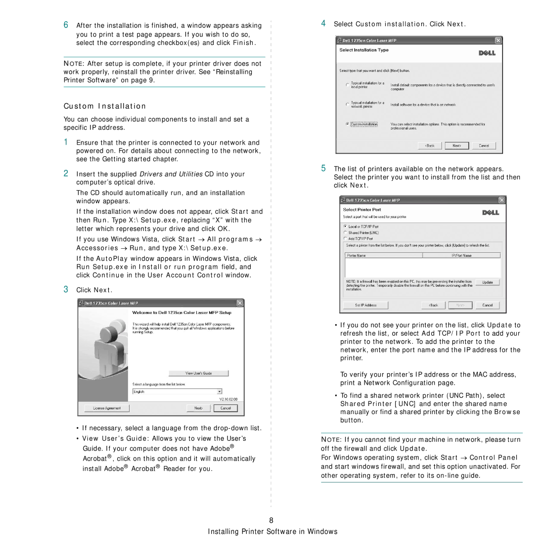 Dell 1235cn manual Custom Installation 