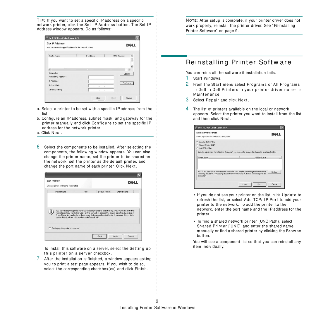 Dell 1235cn manual Reinstalling Printer Software 