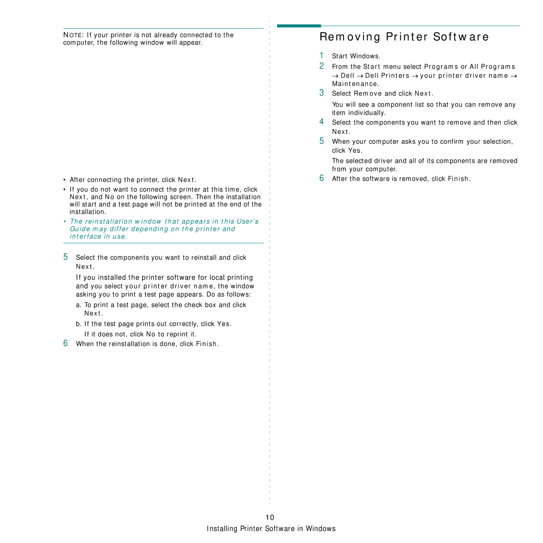 Dell 1235cn manual Removing Printer Software, Select the components you want to reinstall and click Next 