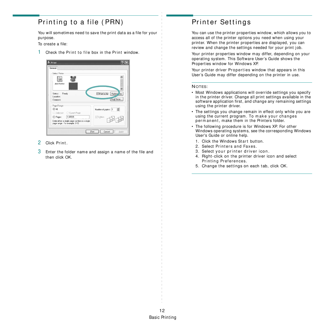 Dell 1235cn manual Printing to a file PRN, Printer Settings, Select Printers and Faxes Select your printer driver icon 