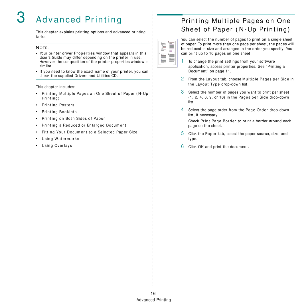 Dell 1235cn manual Advanced Printing, Printing Multiple Pages on One Sheet of Paper N-Up Printing 