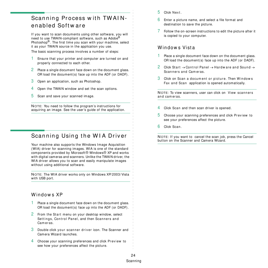 Dell 1235cn manual Scanning Process with TWAIN- enabled Software, Scanning Using the WIA Driver, Windows XP, Windows Vista 