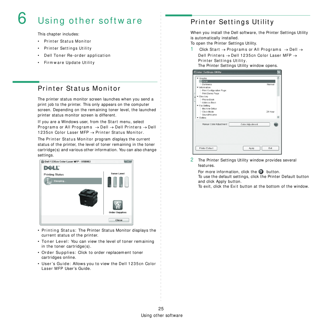 Dell 1235cn manual Using other software, Printer Status Monitor, Printer Settings Utility 