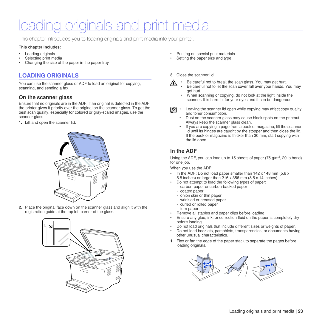 Dell 1235cn manual loading originals and print media, Loading Originals, On the scanner glass, In the ADF 