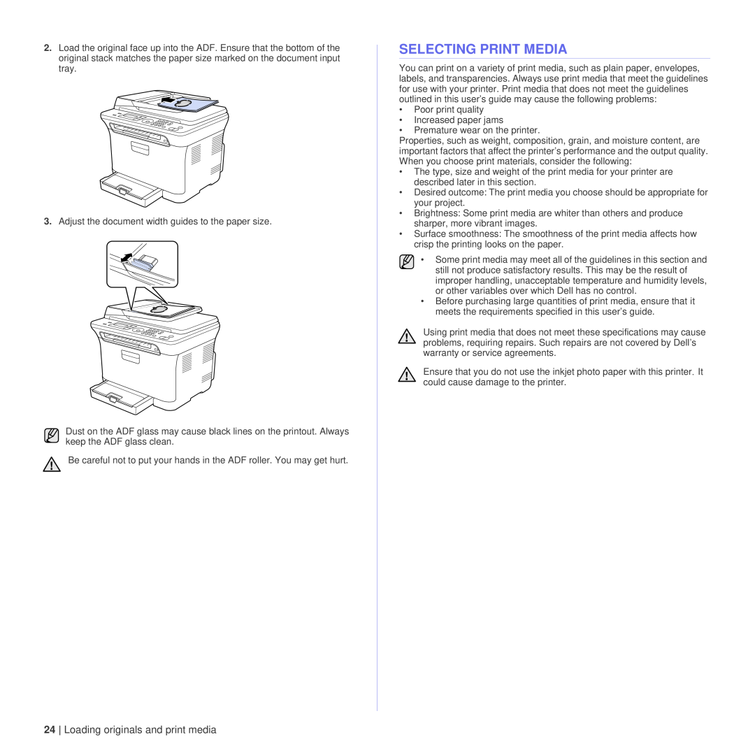 Dell 1235cn manual Selecting Print Media, Loading originals and print media 