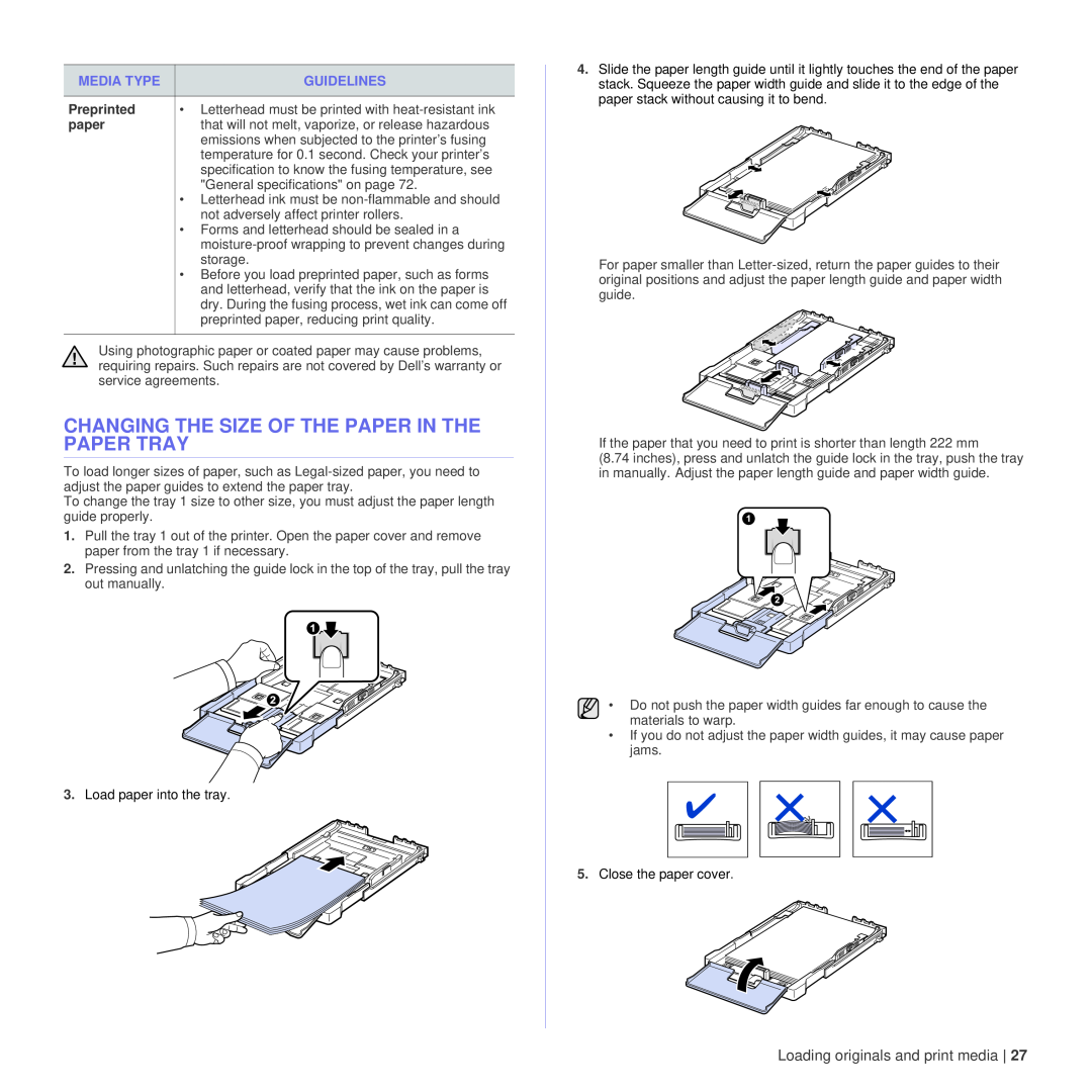Dell 1235cn manual Changing The Size Of The Paper In The Paper Tray, Preprinted, paper 