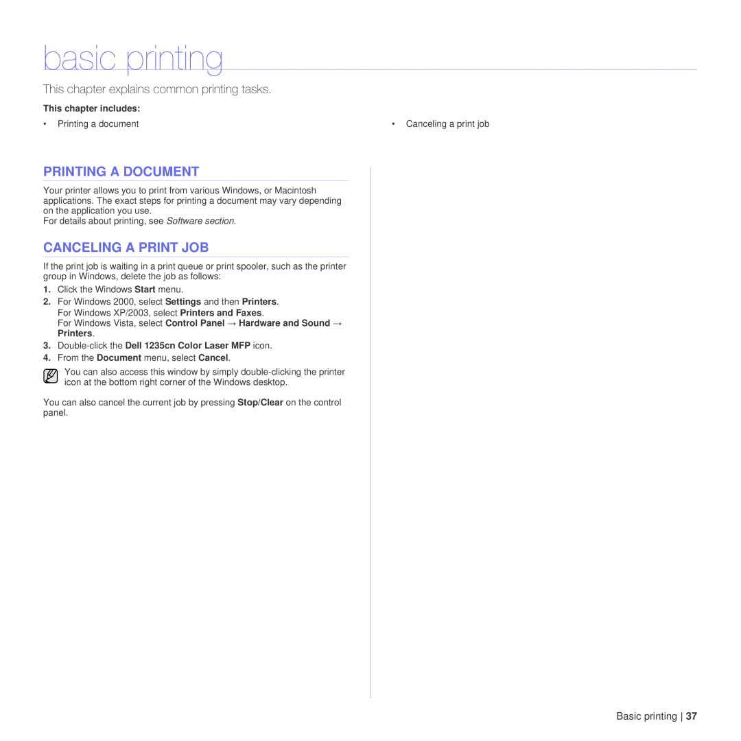 Dell 1235cn manual basic printing, Printing A Document, Canceling A Print Job, This chapter explains common printing tasks 