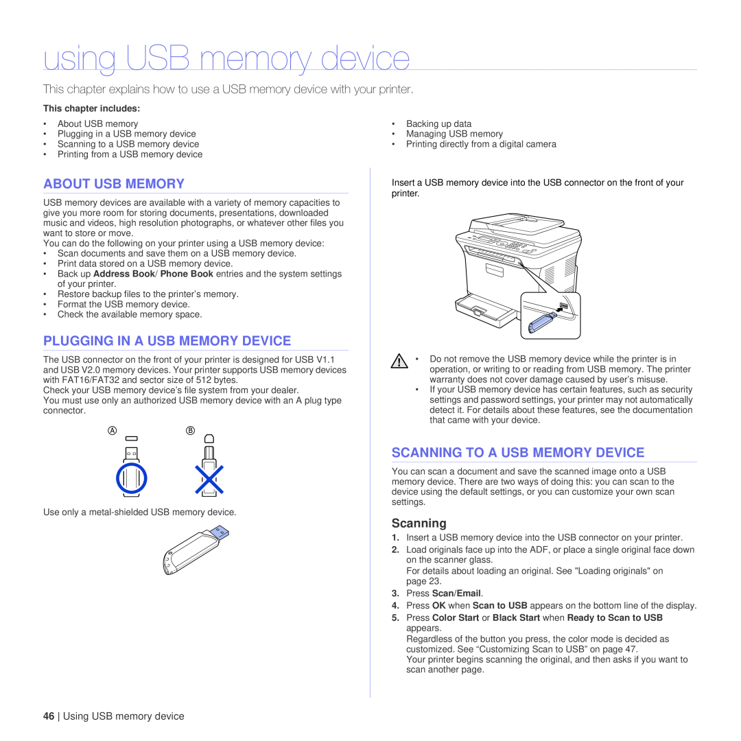 Dell 1235cn using USB memory device, About Usb Memory, Plugging In A Usb Memory Device, Scanning To A Usb Memory Device 