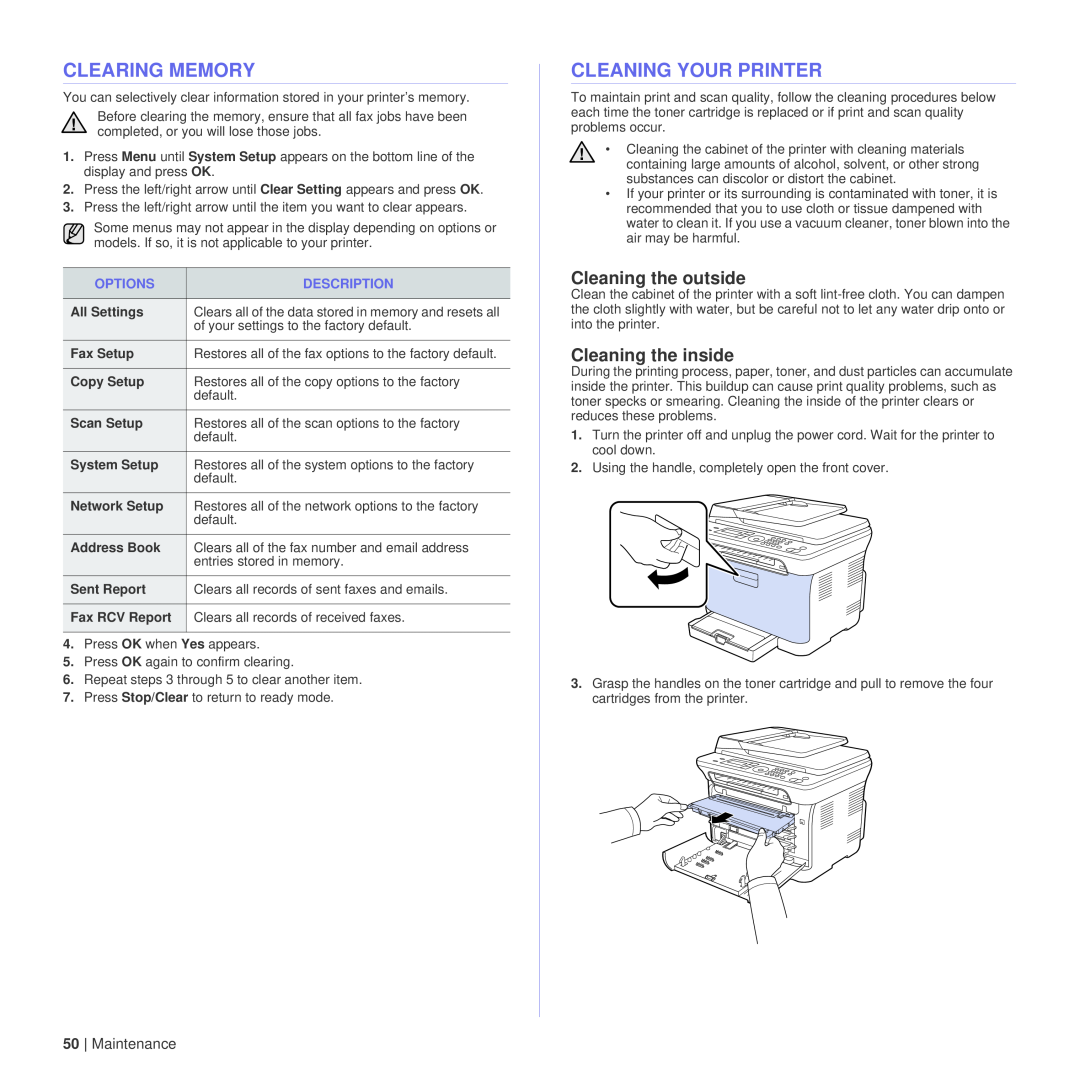 Dell 1235cn manual Clearing Memory, Cleaning Your Printer, Cleaning the outside, Cleaning the inside 