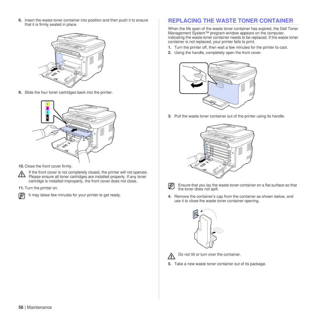 Dell 1235cn manual Replacing The Waste Toner Container, Maintenance 