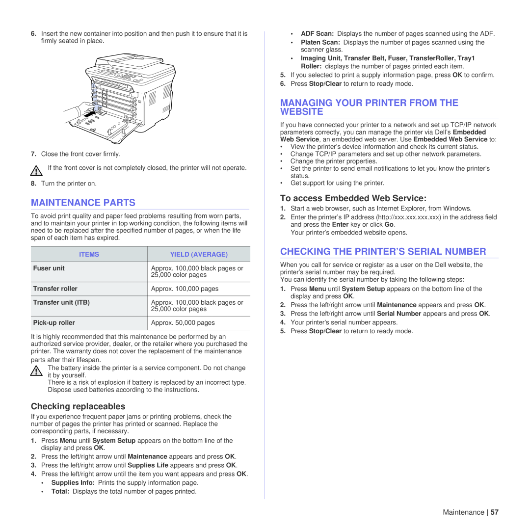 Dell 1235cn manual Maintenance Parts, Managing Your Printer From The Website, Checking The Printer’S Serial Number 