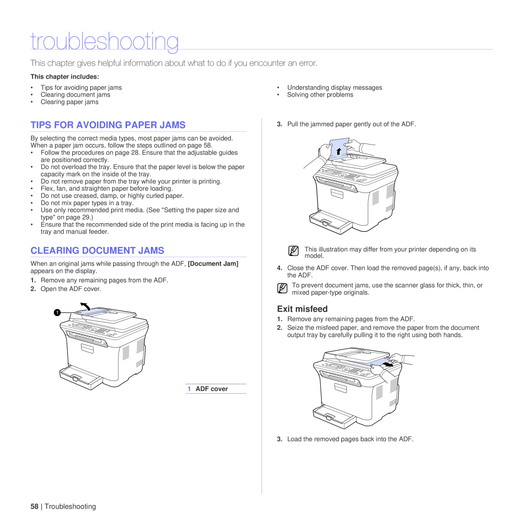 Dell 1235cn manual troubleshooting, Tips For Avoiding Paper Jams, Clearing Document Jams, Exit misfeed 