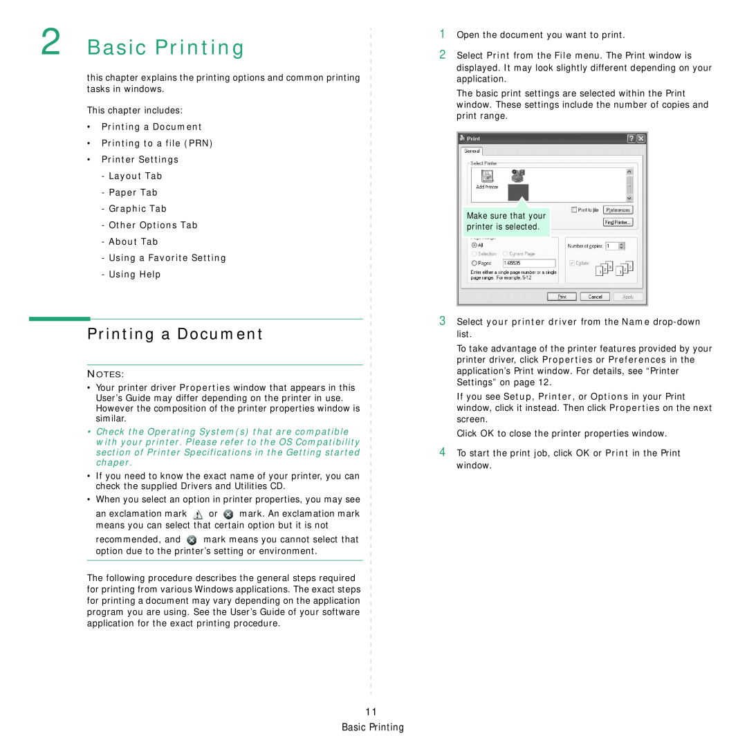 Dell 1235cn manual Basic Printing, Printing a Document Printing to a file PRN Printer Settings 