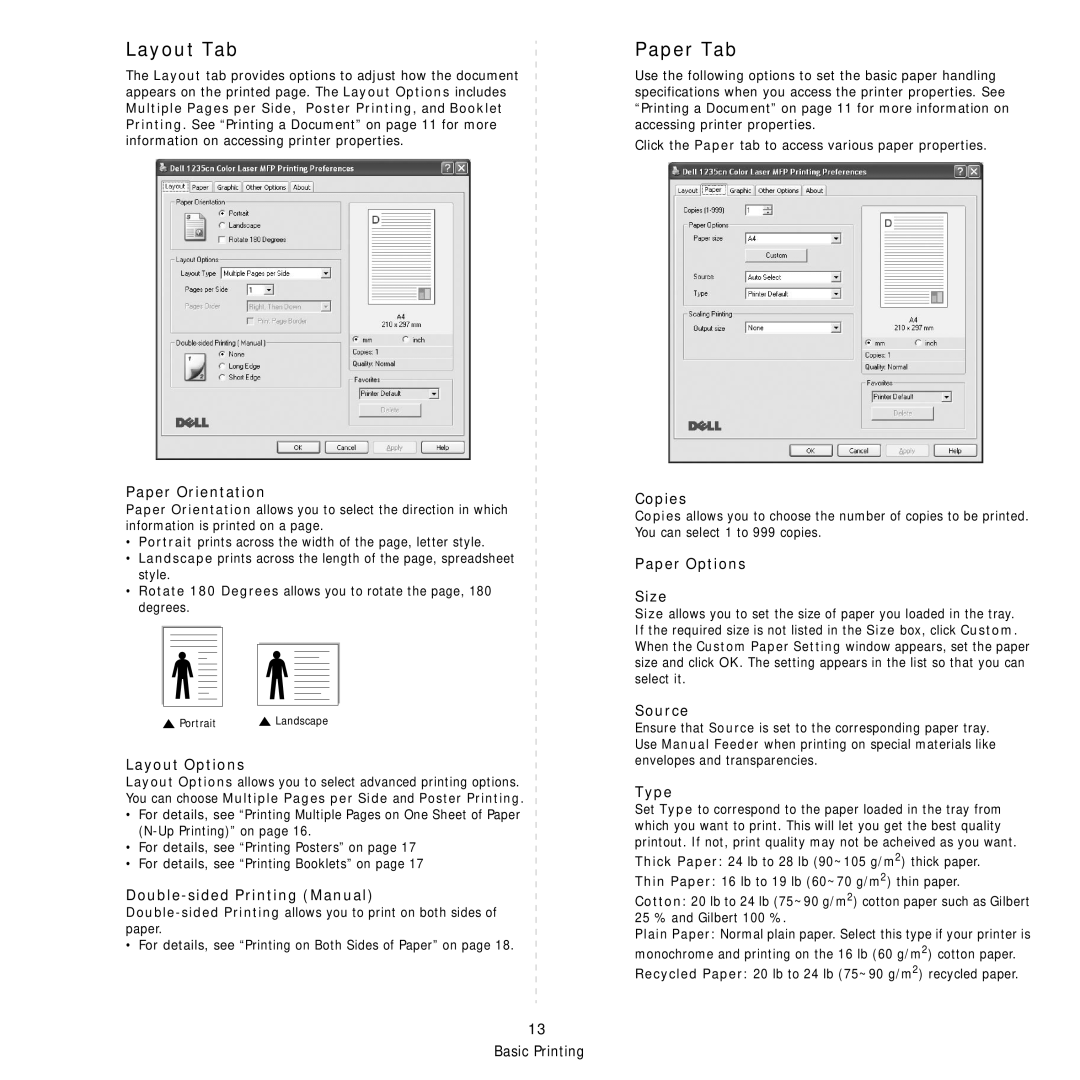 Dell 1235cn Layout Tab, Paper Tab, Paper Orientation, Layout Options, Double-sided Printing Manual, Copies, Source, Type 