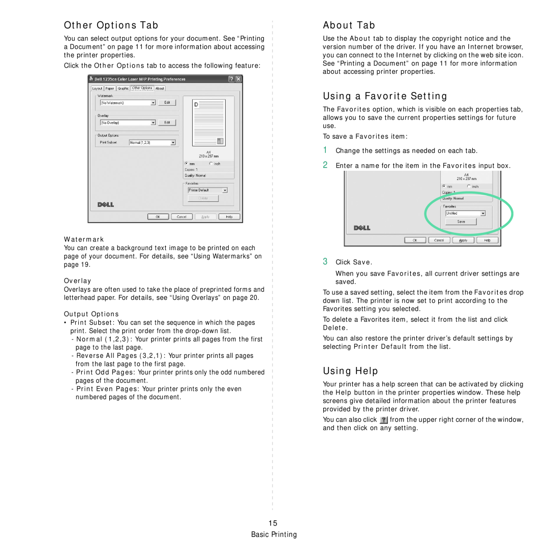 Dell 1235cn manual Other Options Tab, About Tab, Using a Favorite Setting, Using Help, Watermark, Overlay, Output Options 