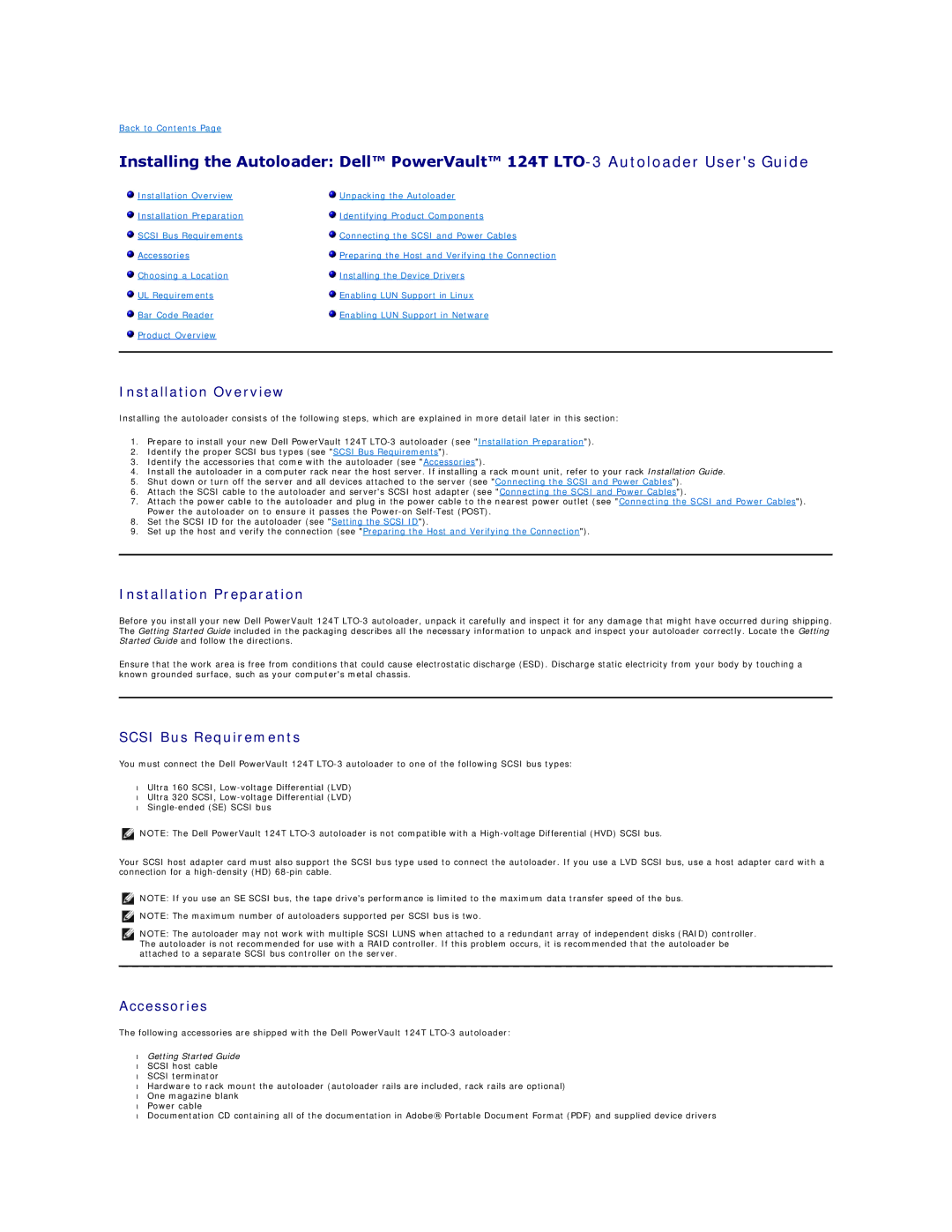 Dell 124T LTO-3 Installation Overview, Installation Preparation, Scsi Bus Requirements, Accessories 