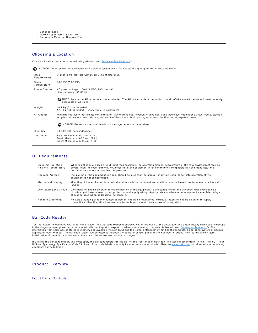 Dell 124T LTO-3 Choosing a Location, UL Requirements, Bar Code Reader, Product Overview, Front Panel Controls 