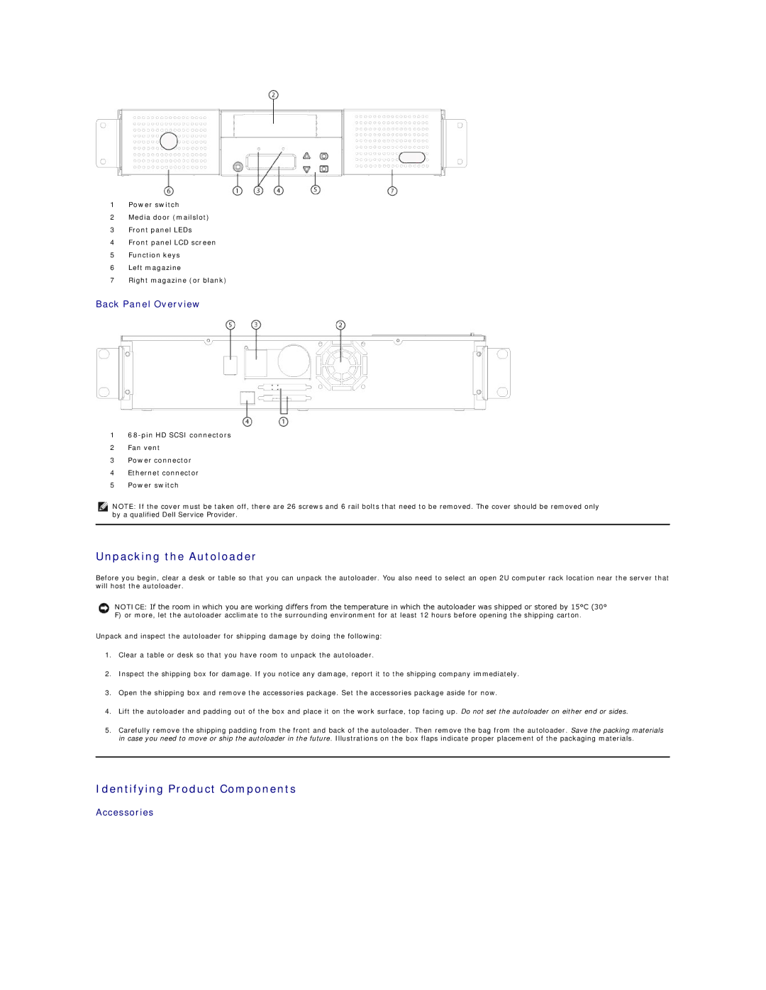 Dell 124T LTO-3 Unpacking the Autoloader, Identifying Product Components, Back Panel Overview, Accessories 