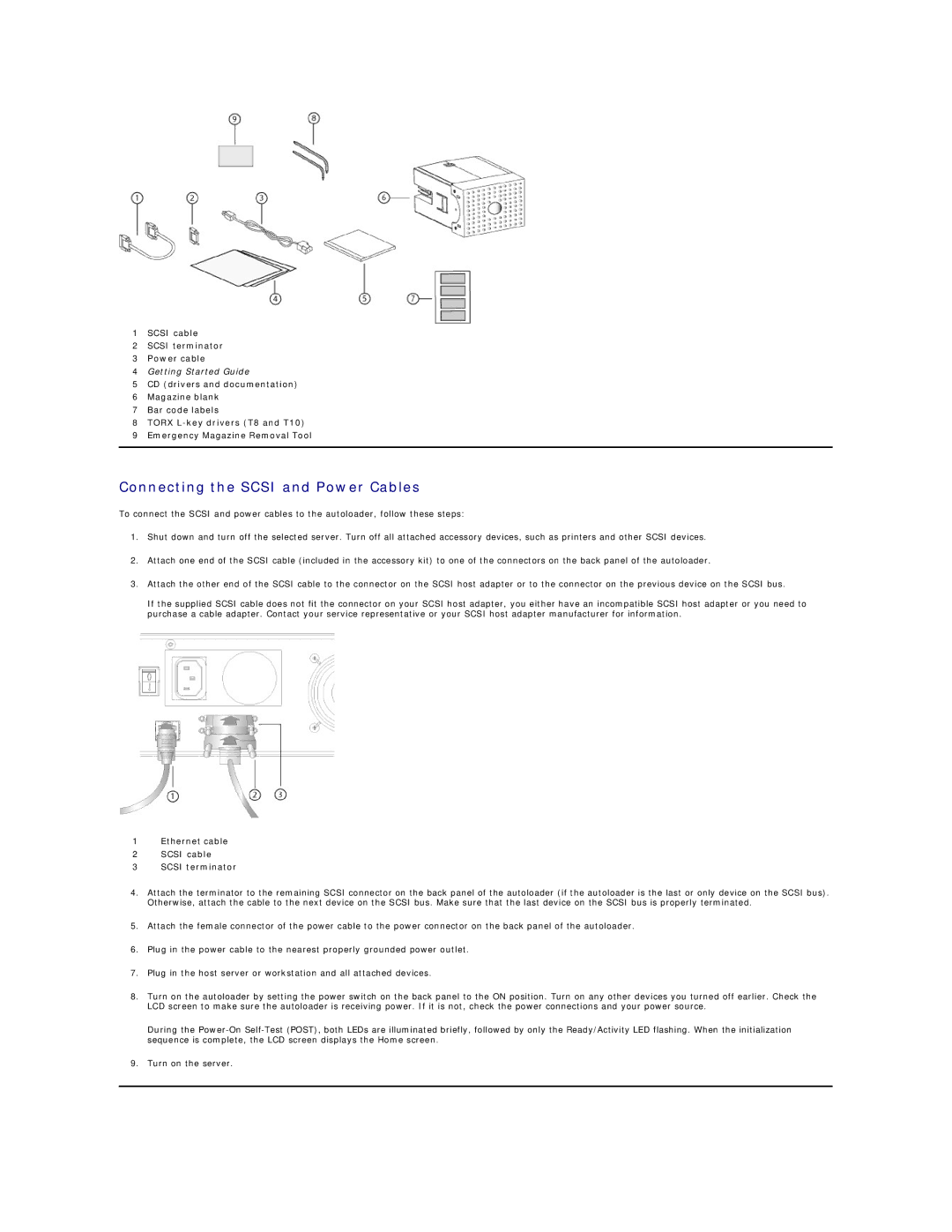 Dell 124T LTO-3 technical specifications Connecting the Scsi and Power Cables, Scsi cable Scsi terminator Power cable 