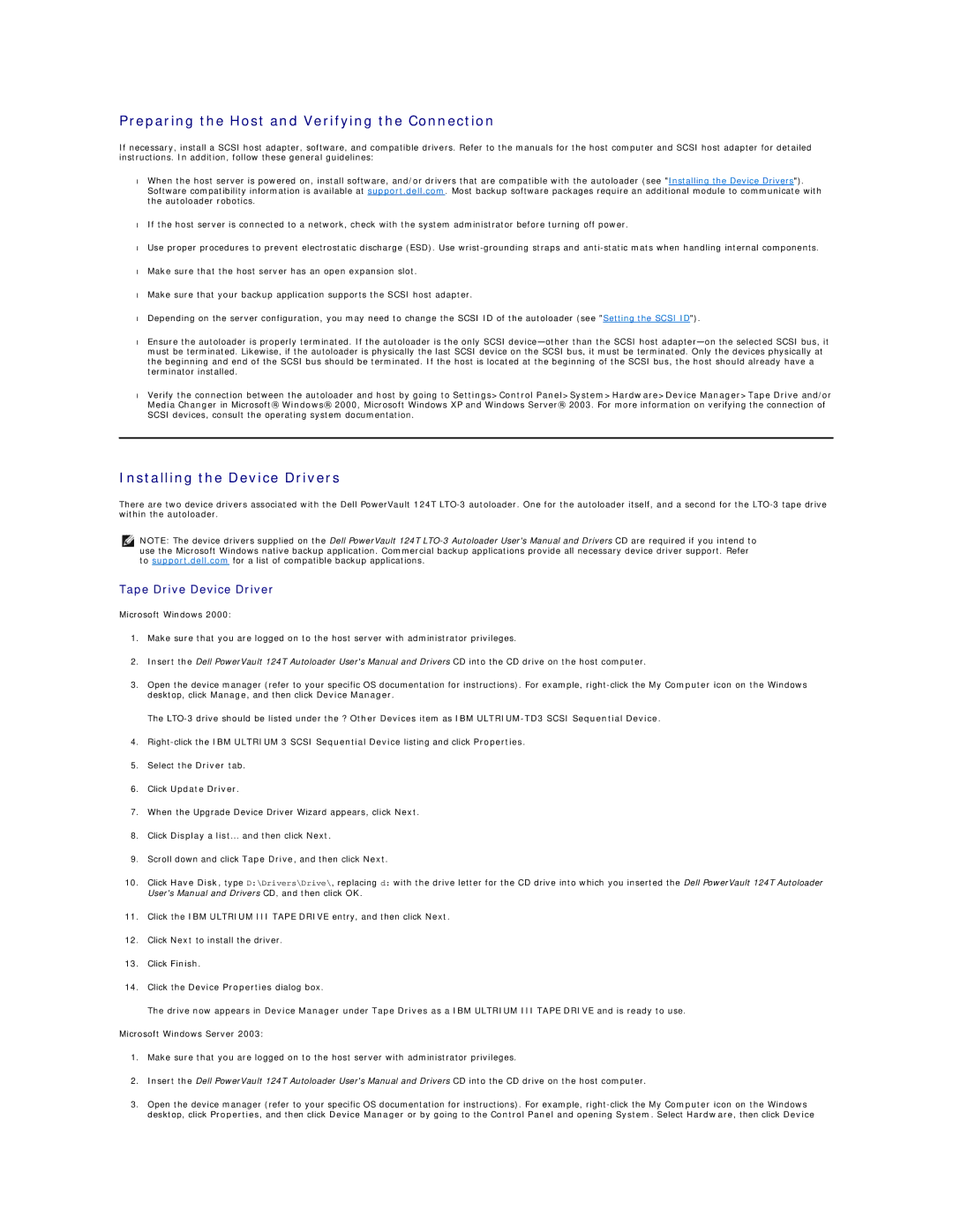 Dell 124T LTO-3 Preparing the Host and Verifying the Connection, Installing the Device Drivers, Tape Drive Device Driver 