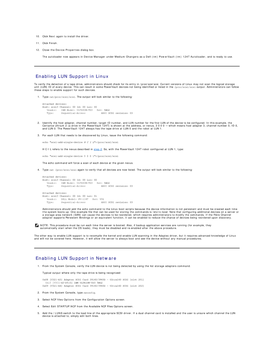 Dell 124T LTO-3 technical specifications Enabling LUN Support in Linux 