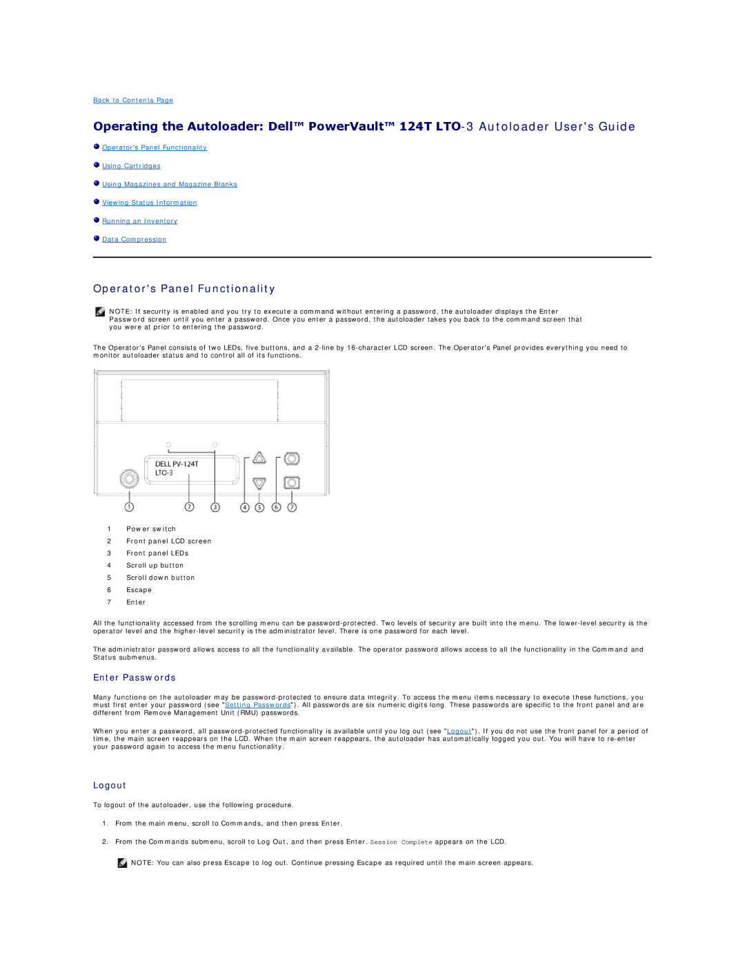 Dell 124T LTO-3 technical specifications Operators Panel Functionality, Enter Passwords, Logout 