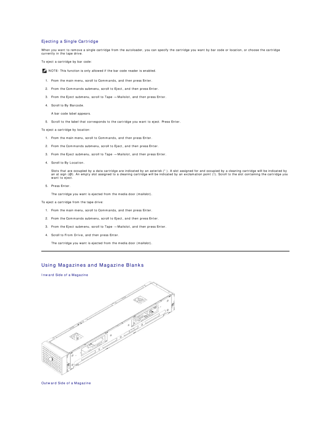 Dell 124T LTO-3 technical specifications Using Magazines and Magazine Blanks, Ejecting a Single Cartridge 