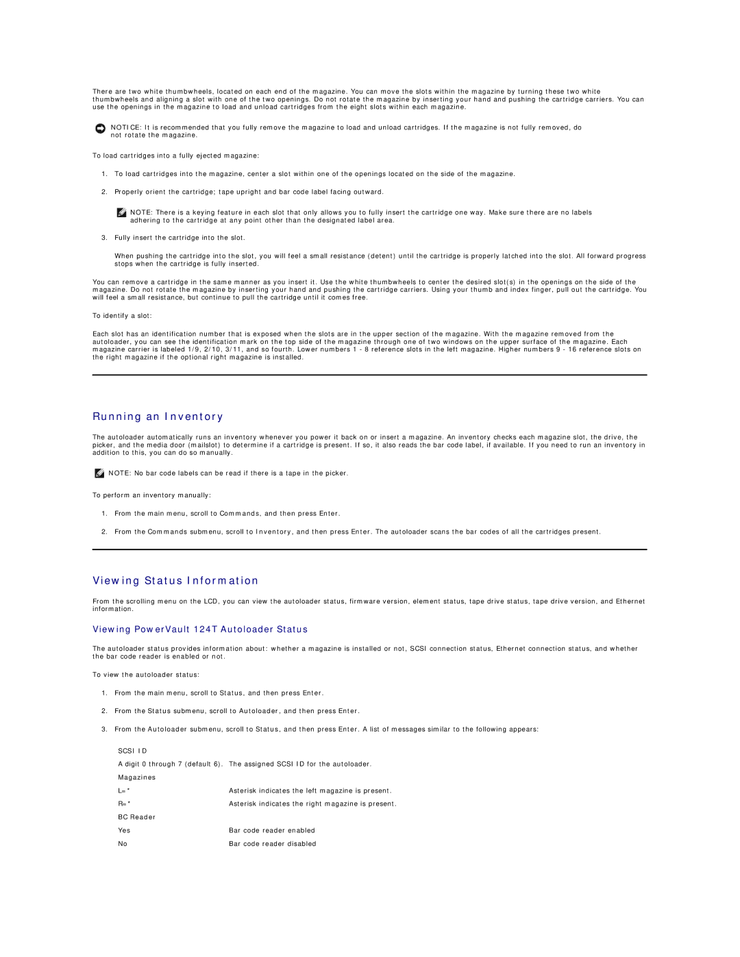 Dell 124T LTO-3 Running an Inventory, Viewing Status Information, Viewing PowerVault 124T Autoloader Status, Magazines 