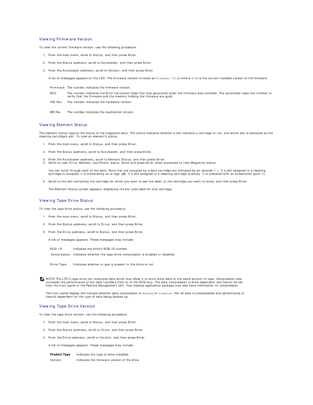 Dell 124T LTO-3 Viewing Firmware Version, Viewing Element Status, Viewing Tape Drive Status, Viewing Tape Drive Version 