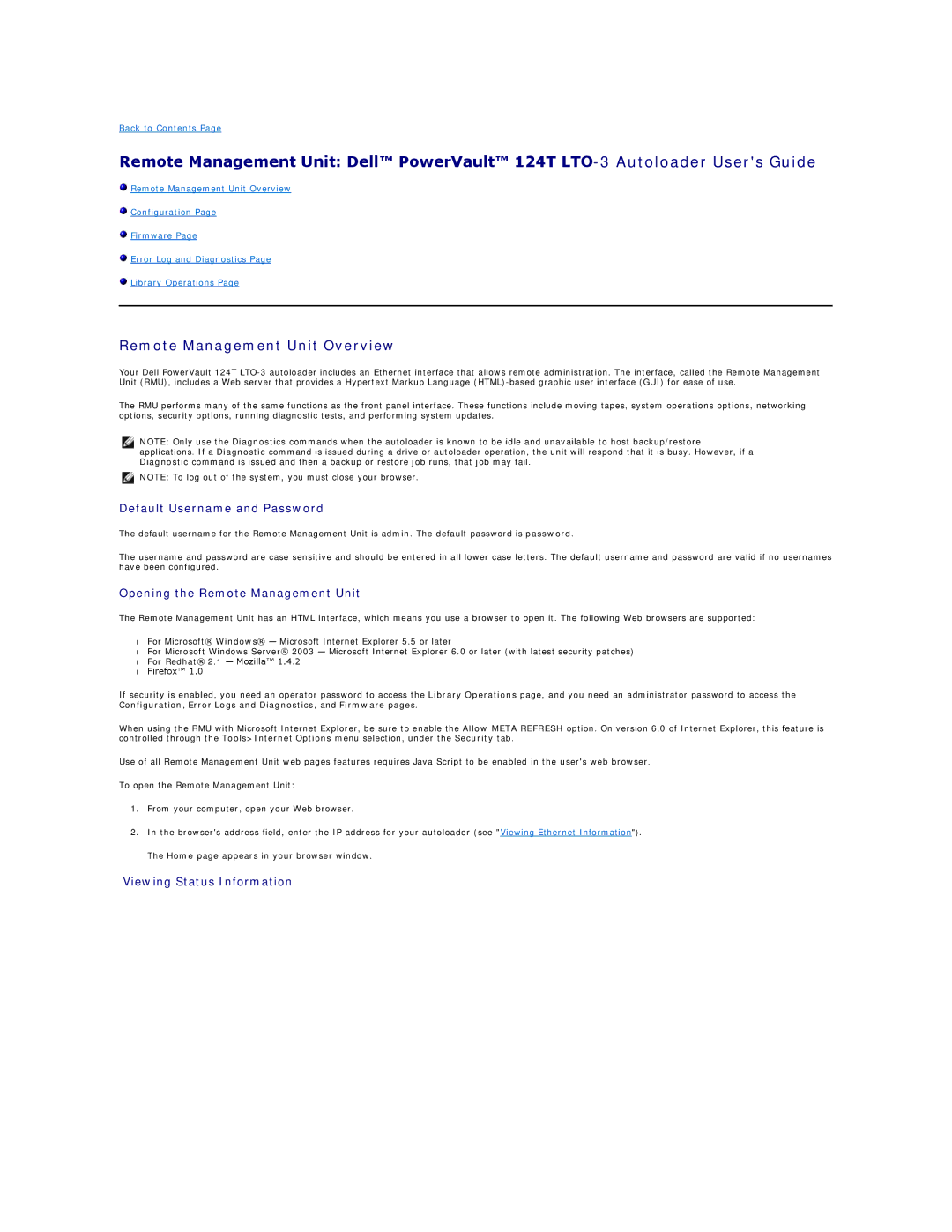 Dell 124T LTO-3 Remote Management Unit Overview, Default Username and Password, Opening the Remote Management Unit 