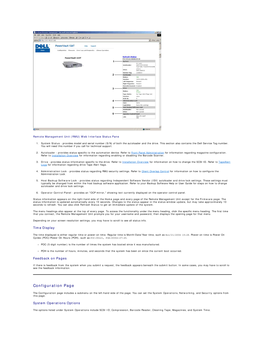 Dell 124T LTO-3 technical specifications Configuration, Time Display, Feedback on Pages, System Operations Options 