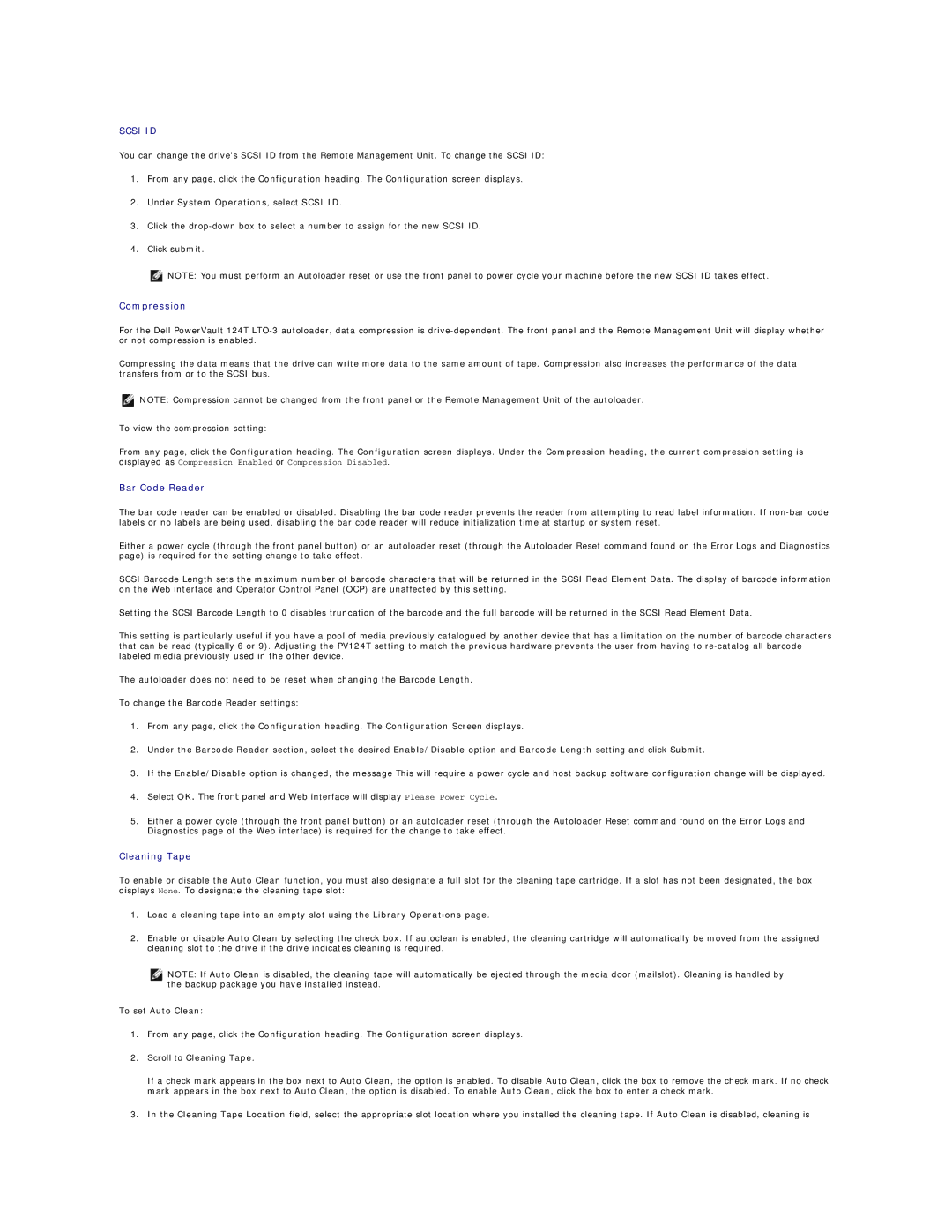 Dell 124T LTO-3 technical specifications Compression, Bar Code Reader, Cleaning Tape 