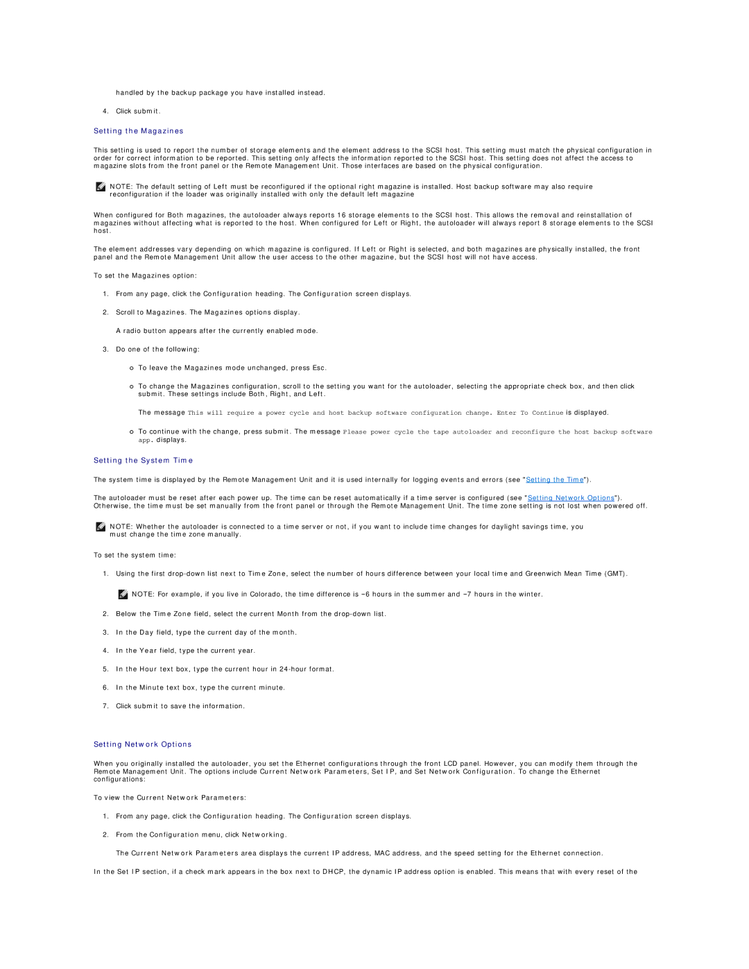 Dell 124T LTO-3 technical specifications Setting the Magazines, Setting the System Time, Setting Network Options 