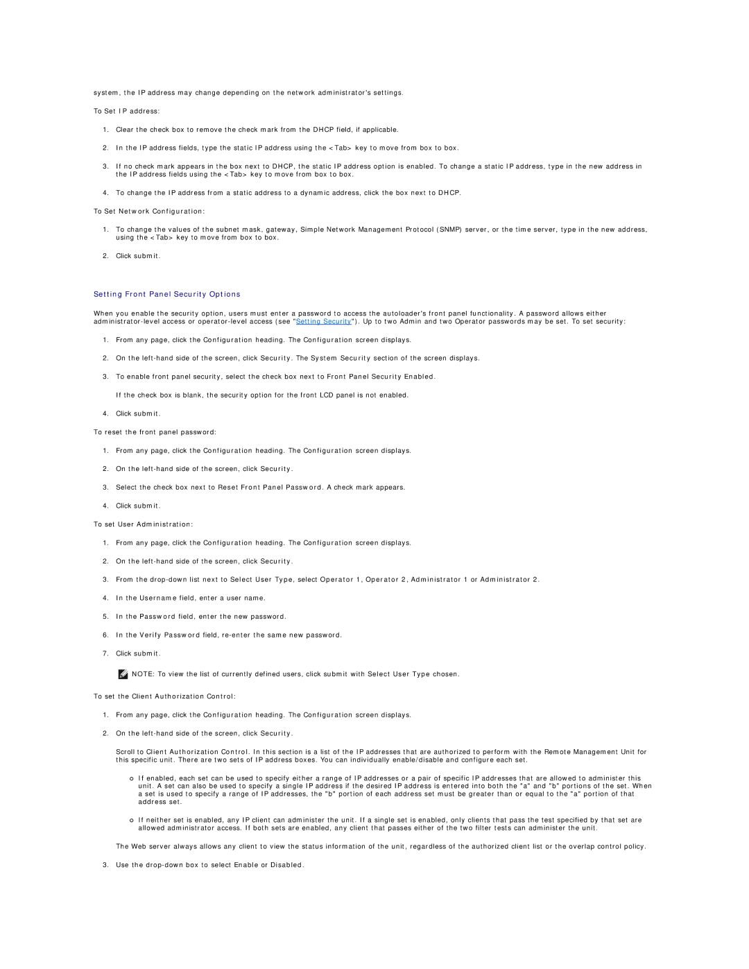 Dell 124T LTO-3 Setting Front Panel Security Options, To Set Network Configuration, To set User Administration 