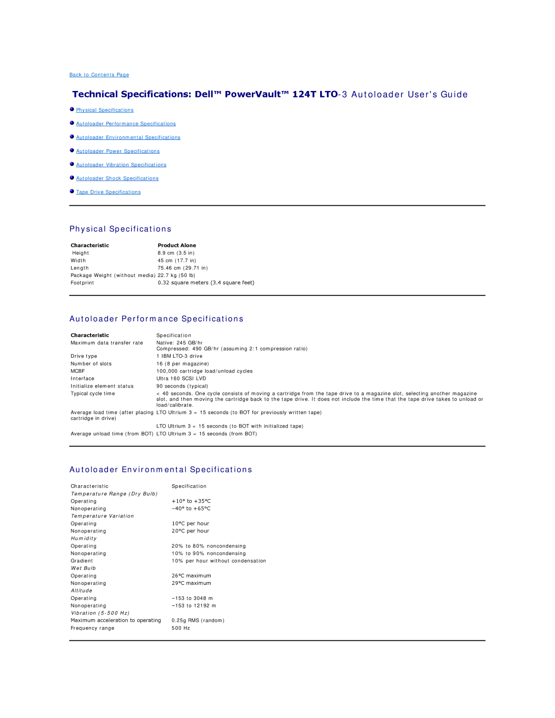 Dell 124T LTO-3 Physical Specifications, Autoloader Performance Specifications, Autoloader Environmental Specifications 