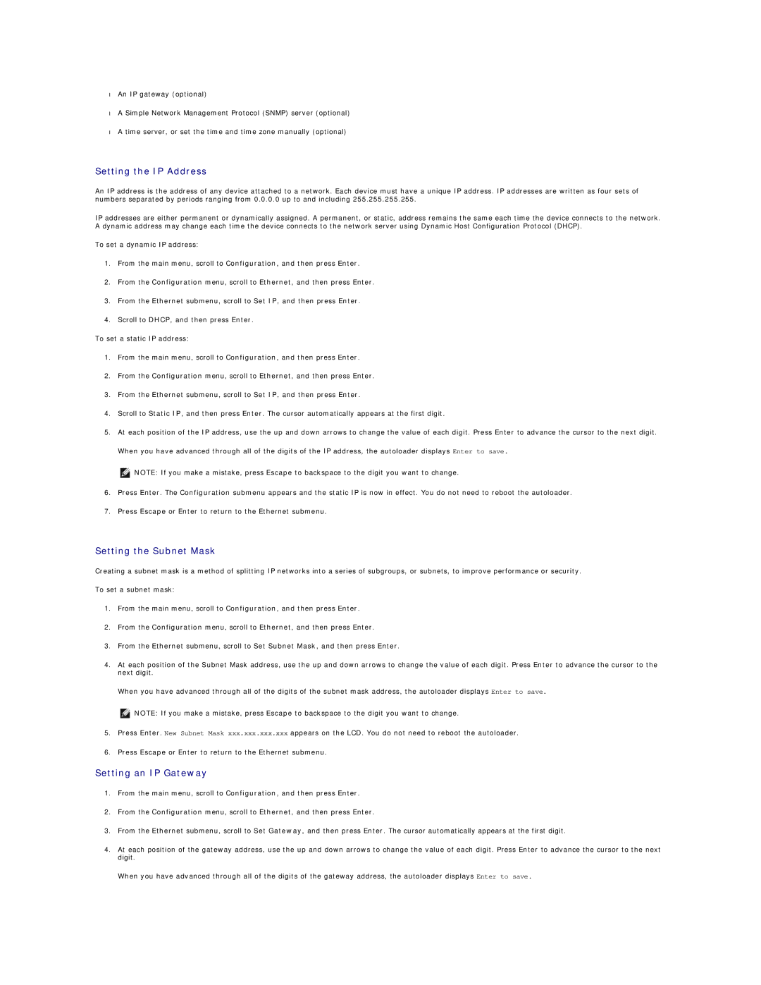 Dell 124T LTO-3 technical specifications Setting the IP Address, Setting the Subnet Mask, Setting an IP Gateway 