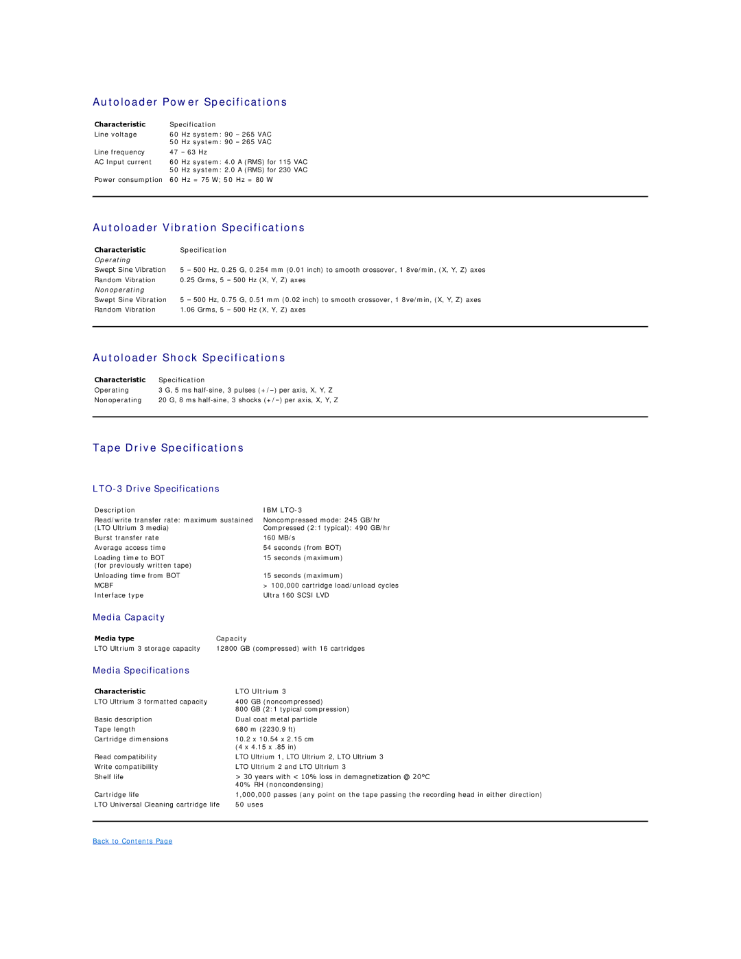 Dell 124T LTO-3 Autoloader Power Specifications, Autoloader Vibration Specifications, Autoloader Shock Specifications 