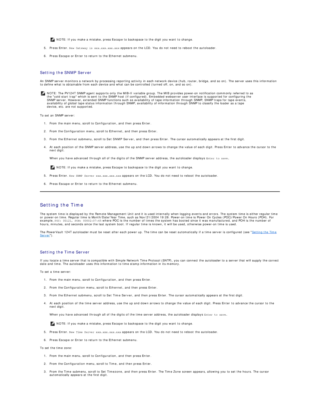 Dell 124T LTO-3 technical specifications Setting the Snmp Server, Setting the Time Server 