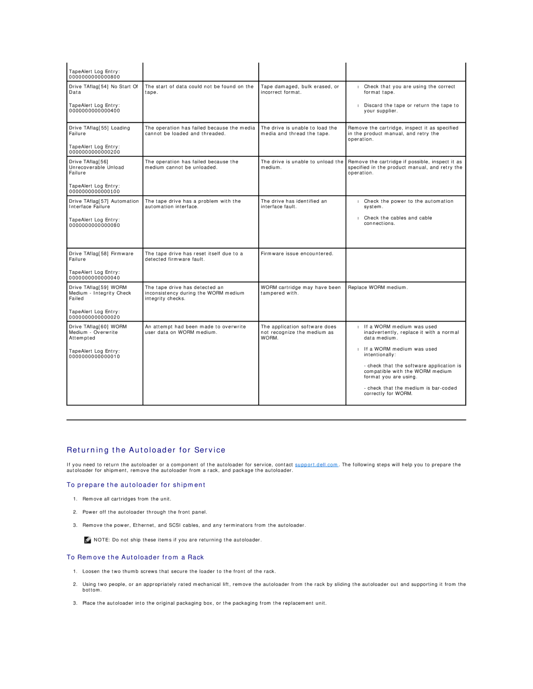 Dell 124T LTO-3 technical specifications Returning the Autoloader for Service, To prepare the autoloader for shipment 