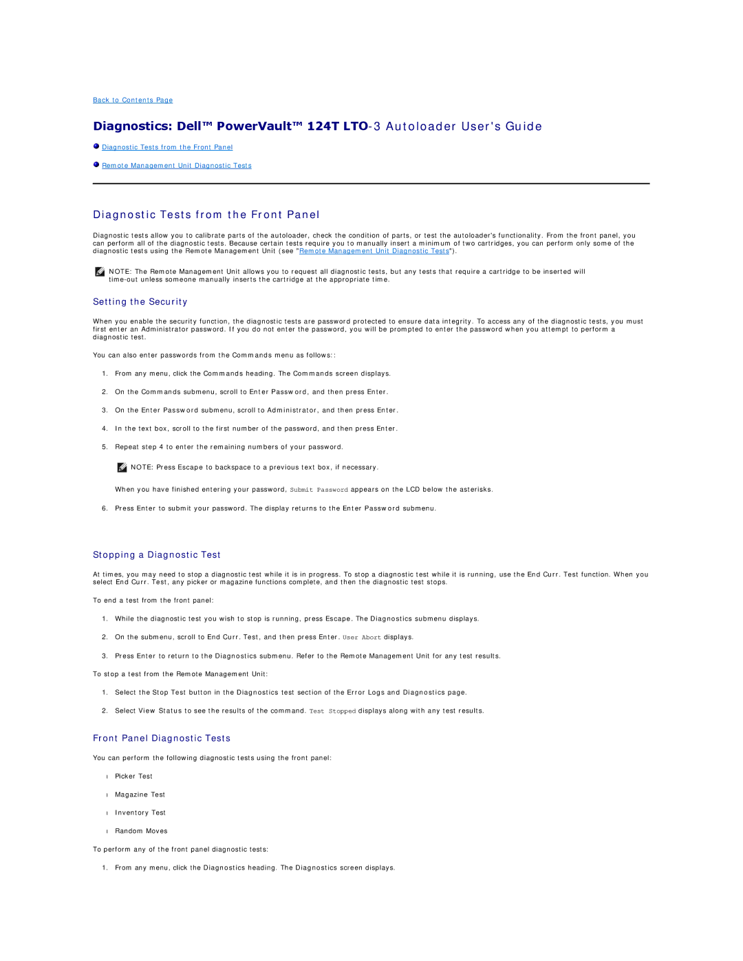 Dell 124T LTO-3 Diagnostic Tests from the Front Panel, Setting the Security, Stopping a Diagnostic Test 