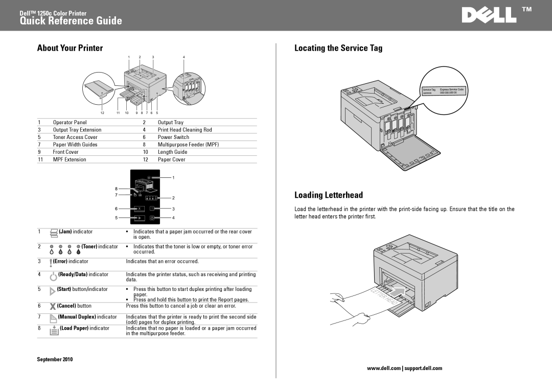 Dell 1250C manual About Your Printer, Locating the Service Tag, Loading Letterhead 