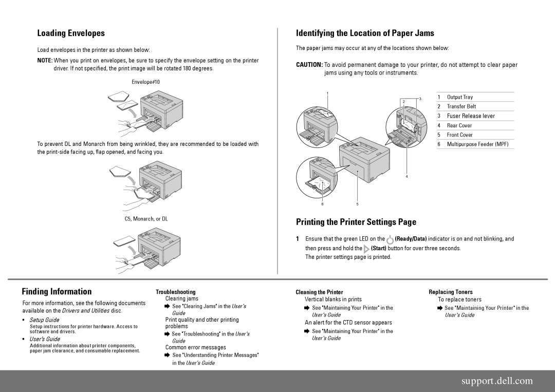 Dell 1250C Loading Envelopes, Identifying the Location of Paper Jams, Printing the Printer Settings, Finding Information 