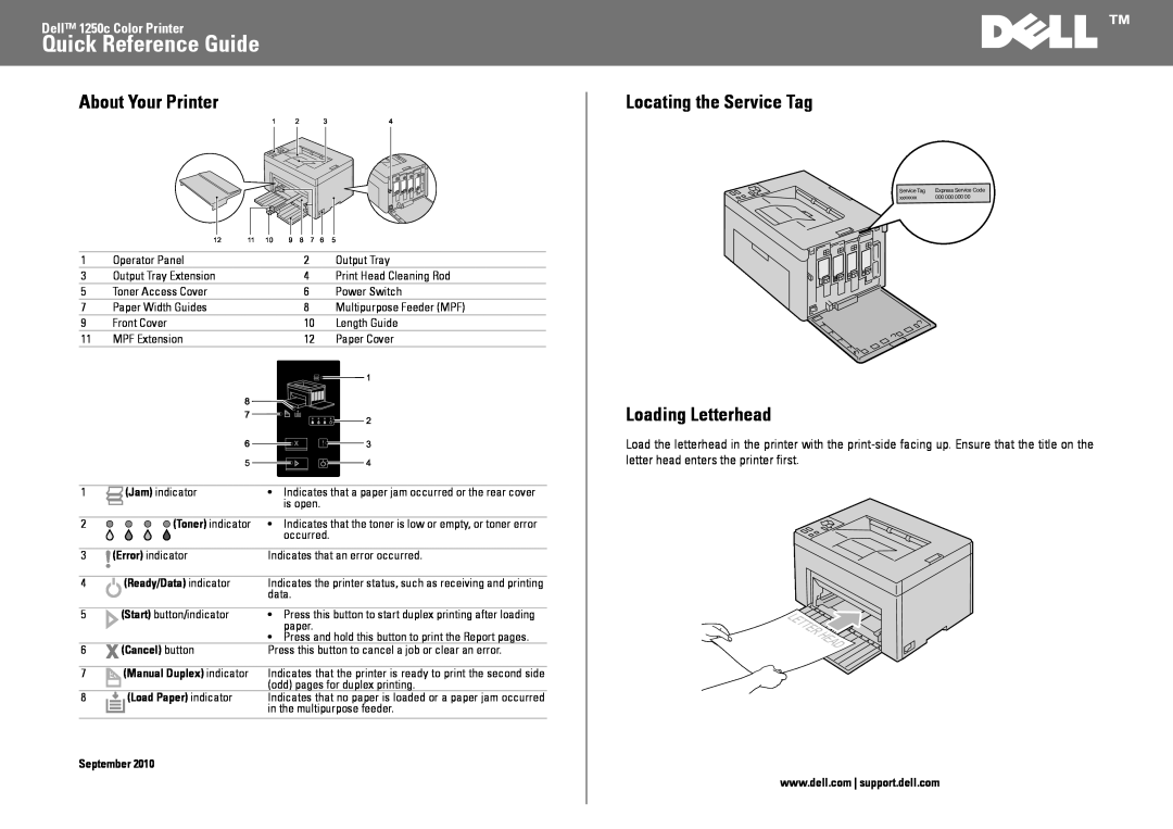 Dell 1250C manual About Your Printer, Locating the Service Tag, Loading Letterhead, Quick Reference Guide, Cancel button 