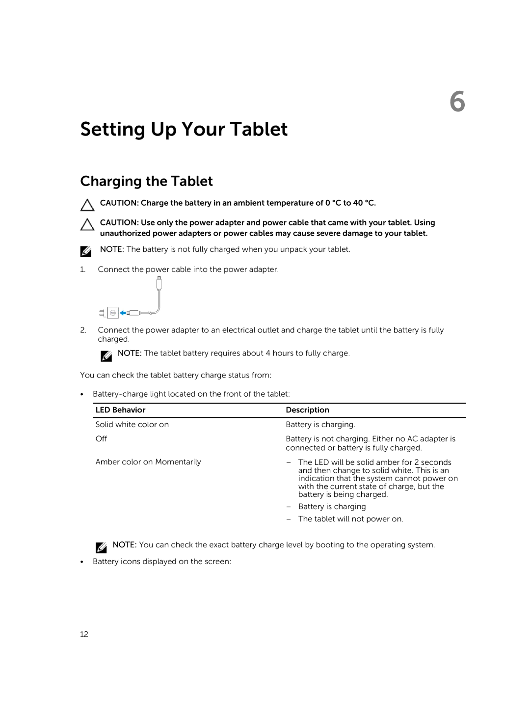 Dell 13-7350 manual Setting Up Your Tablet, Charging the Tablet 