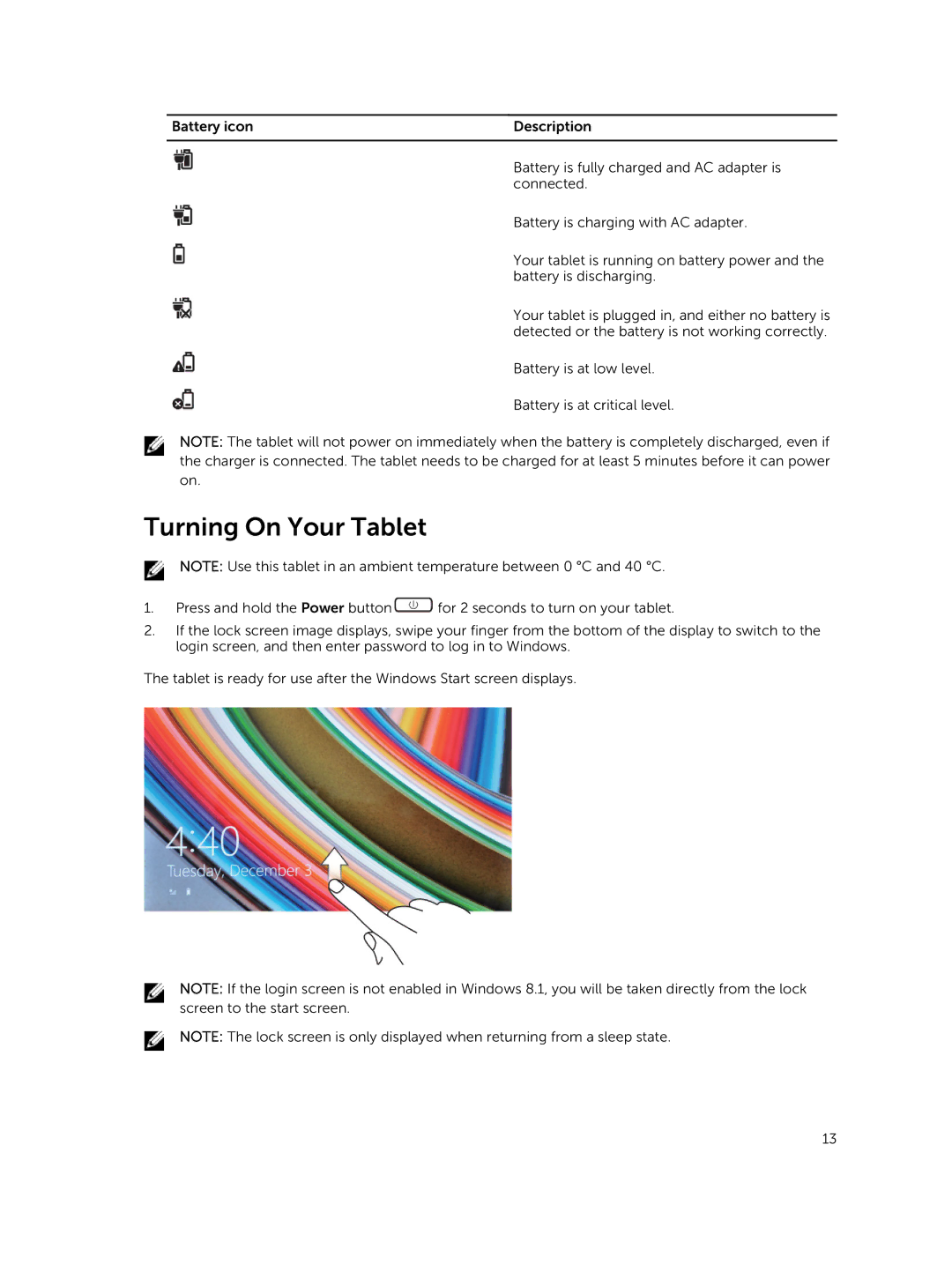 Dell 13-7350 manual Turning On Your Tablet 